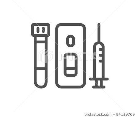 Vaccine syringe line icon. Coronavirus Blood and Saliva test sign. Vaccination symbol. Quality design element. Linear style blood and Saliva test icon. Editable stroke. Vector 94139709