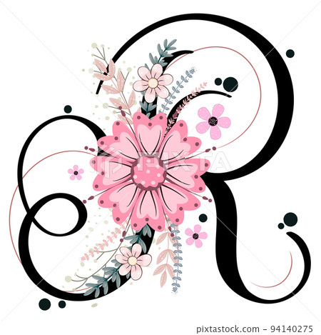 Alphabet letter R vector with flowers and leaves. Collection Ornament letters. Illustration letter R Anniversary 94140275