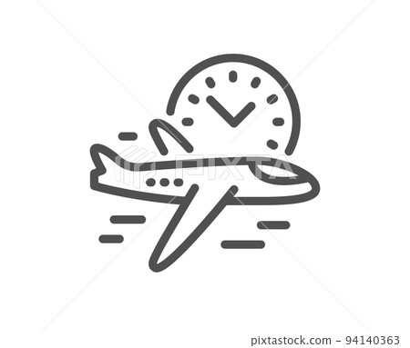 Flight time line icon. Airplane with clock sign. Airport flights symbol. Quality design element. Linear style flight time icon. Editable stroke. Vector 94140363