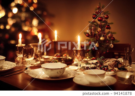 Christmas dinner. Table against the background of the Christmas tree. Neural network generated art. Digitally generated image. Not based on any actual scene or pattern. Christmas dinner. Table against the background of the Christmas tree. Neural network generated art. Digitally generated image. Not based on any actual scene or pattern. 94141878