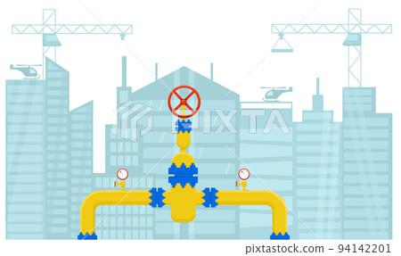 Gas pipeline construction with city skyscraper background. Vector stock illustration isolated on white background for banners, posters with notification and announcement. EPS10 94142201