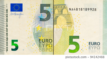 One five Euro bill. 5 euro banknote. The euro is the official currency of the European Union One five Euro bill. 5 euro banknote. The euro is the official currency of the European Union 94142488
