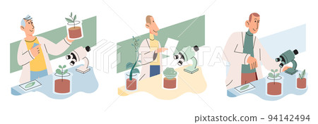 Scientist examining plant species using laboratory microscope. Eco friendly technology research Scientist examining plant species using laboratory microscope. Eco friendly technology research 94142494