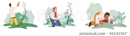 Scientist explores vegetable life and plants in nature. Biologists studying biological species Scientist explores vegetable life and plants in nature. Biologists studying biological species 94142567