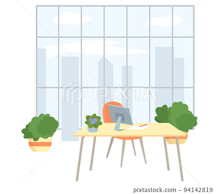 Empty office workplace interior design, furniture, computer on table, chairs, workplace at home or office 94142819