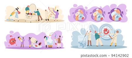 Antivirus vaccine. Scientists conducting scientific researches team of laboratory assistants with test tubes scenes set Antivirus vaccine. Scientists conducting scientific researches team of laboratory assistants with test tubes scenes set 94142902
