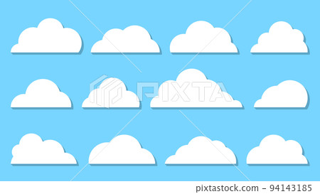 White cute flat clouds set isolated on blue landscape background. Abstract different cloud shapes icon symbol collection. Network internet storage cartoon web banner. Think speech bubble concept White cute flat clouds set isolated on blue landscape background. Abstract different cloud shapes icon symbol collection. Network internet storage cartoon web banner. Think speech bubble concept 94143185