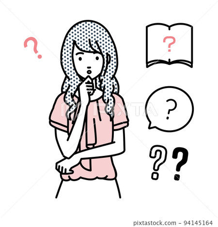 A set of office casual women question marks standing and feeling doubts with their hands on their chins A set of office casual women question marks standing and feeling doubts with their hands on their chins 94145164