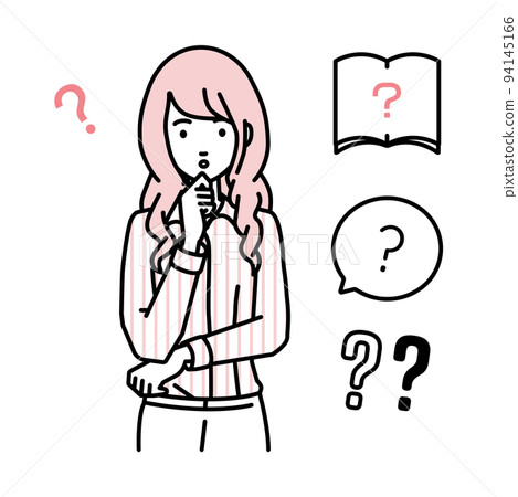 A woman in a blouse standing and feeling doubts with her hands on her chin Set of question marks 94145166