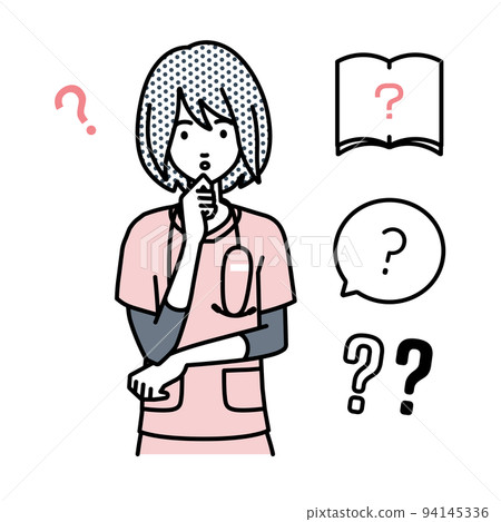 一組問號:一名護士站著,雙手放在下巴上感到懷疑 一組問號:一名護士站著,雙手放在下巴上感到懷疑 94145336
