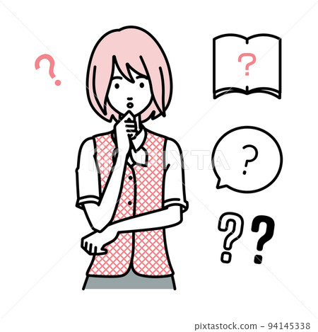 一組問號,給一個穿著職員制服的女人站著,雙手放在下巴上感到懷疑 一組問號,給一個穿著職員制服的女人站著,雙手放在下巴上感到懷疑 94145338
