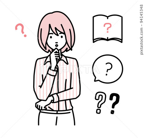 A woman in a blouse standing and feeling doubts with her hands on her chin Set of question marks A woman in a blouse standing and feeling doubts with her hands on her chin Set of question marks 94145348