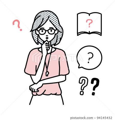 一組女教師問號站著，雙手放在下巴上感到懷疑 94145432