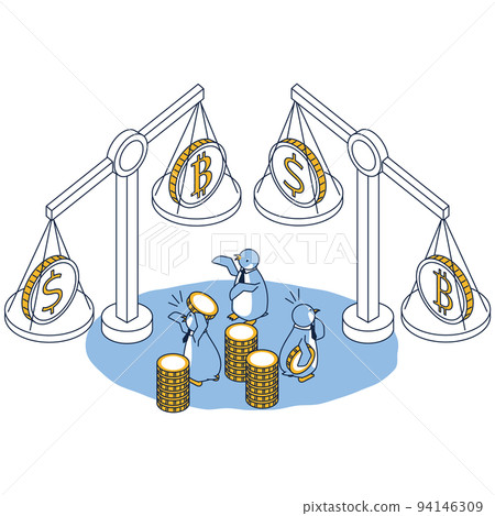 一隻想投資虛擬貨幣的企鵝的等距插圖 一隻想投資虛擬貨幣的企鵝的等距插圖 94146309