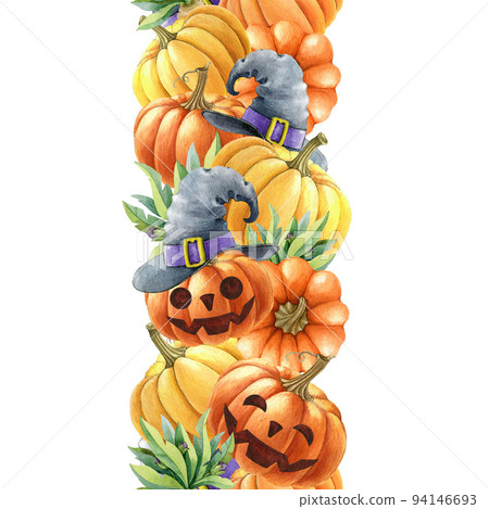 Witchcraft style halloween seamless border. Watercolor illustration. Hand drawn pumpkins with scary faces, witch hat, mandrake seamless border element. White background Witchcraft style halloween seamless border. Watercolor illustration. Hand drawn pumpkins with scary faces, witch hat, mandrake seamless border element. White background 94146693