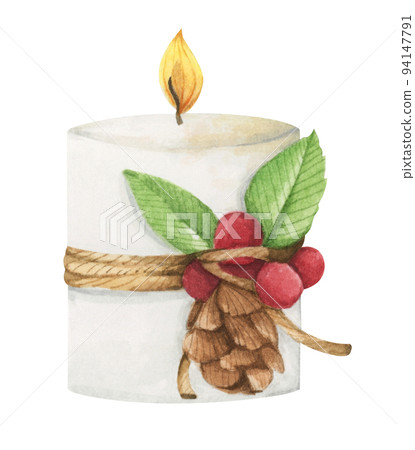 Lighting Christmas candle. Watercolor illustration. Lighting Christmas candle. Watercolor illustration. 94147791