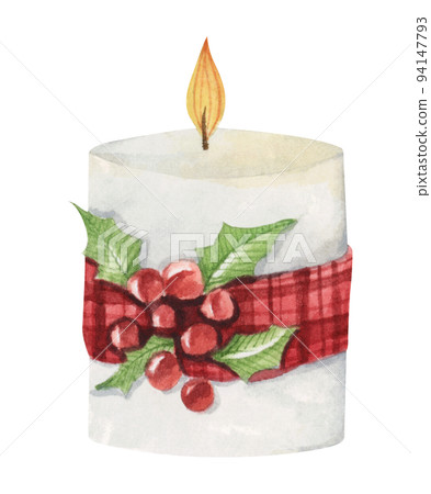 Lighting Christmas candle. Watercolor illustration. Lighting Christmas candle. Watercolor illustration. 94147793