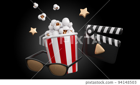 3d popcorn and glasses. Cinema, movie, film, entertainment concept background in trendy plastic colors. High quality isolated render 3d popcorn and glasses. Cinema, movie, film, entertainment concept background in trendy plastic colors. High quality isolated render 94148503