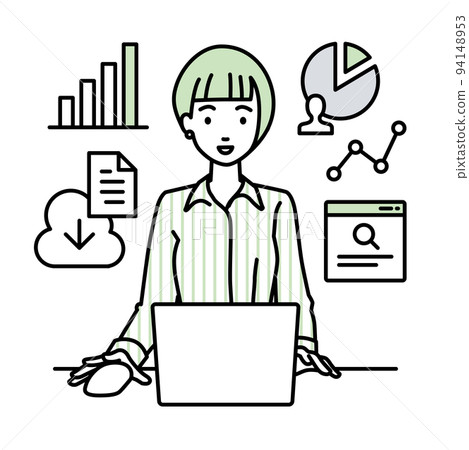 一位身穿襯衫的女士坐在辦公桌前，打開電腦進行研究、分析數據和編制報告 94148953