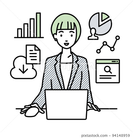 A woman in a suit sitting at a desk, opening a PC for research, analyzing data and compiling reports A woman in a suit sitting at a desk, opening a PC for research, analyzing data and compiling reports 94148959