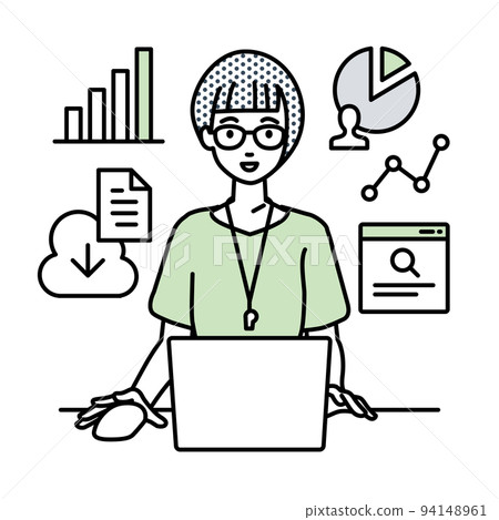 A female teacher sitting at a desk, opening a PC for research, analyzing data and compiling reports A female teacher sitting at a desk, opening a PC for research, analyzing data and compiling reports 94148961