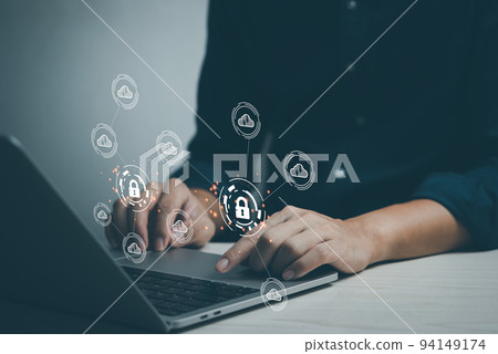 Cloud network storage Computer online technology for computer business virtual cloud service icons and hands on laptop keyboard Data transfer technology concept. 94149174