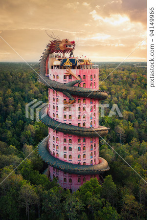 Aerial view of Wat Samphran or Chinese Dragon Temple in Sam Phran District in Nakhon Pathom province near Bangkok Urban City, Thailand. Tourist attraction landmark in travel trip concept. 94149966