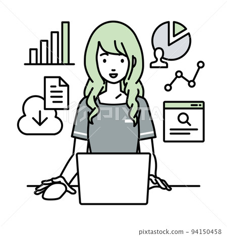 坐在辦公桌前，打開電腦，做研究，分析數據，並在報告中總結。 94150458