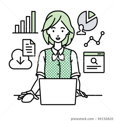 A woman in a clerk uniform doing research, data analysis, and writing a report in front of a computer at her desk 94150820
