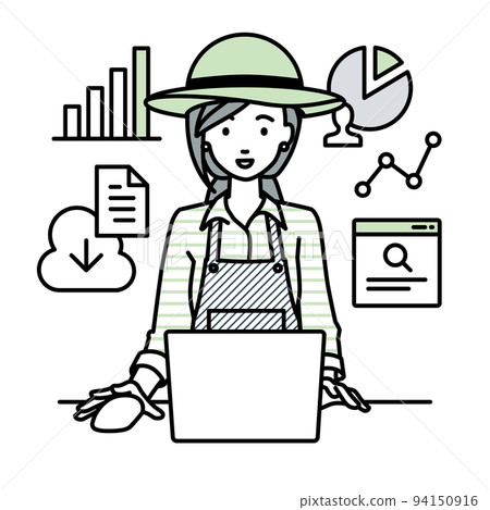 A female farmer doing research, data analysis, and writing reports in front of a computer at her desk A female farmer doing research, data analysis, and writing reports in front of a computer at her desk 94150916