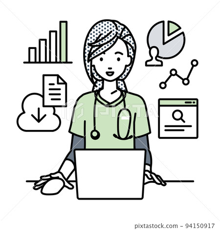 A nurse woman doing research, data analysis, and writing a report in front of a PC at her desk A nurse woman doing research, data analysis, and writing a report in front of a PC at her desk 94150917