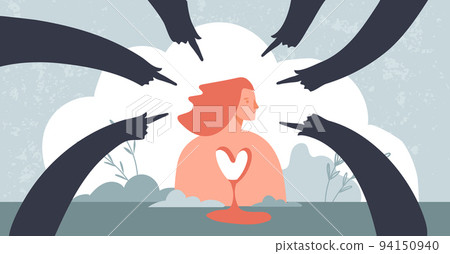 Bullying concept banner. Scared teen girl and hands pointing at her, cyberbullying, teenage trauma, social rejection. Vector flat cartoon illustration, psychological support. Bullying concept banner. Scared teen girl and hands pointing at her, cyberbullying, teenage trauma, social rejection. Vector flat cartoon illustration, psychological support. 94150940