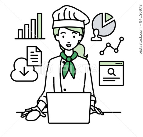 一位女廚師在辦公桌前的電腦前做研究、數據分析和寫報告 94150978