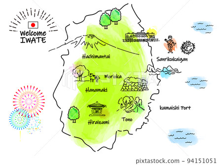 Hand-drawn Iwate sightseeing spot simple line drawing illustration map 94151051