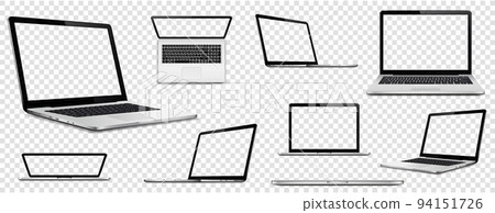 Collection laptop computers with transparent screen on transparent background. Perspective, top and front laptop view with transparent screen. 94151726