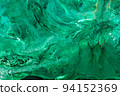 Abstract background of mixed shades of green nail polish with a pastel marble pattern. Liquid colorful background paint creative pastel cold green hue with shimmer. Oil painting on canvas. 94152369