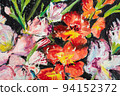 Adorable painting flowers, new creative artwork. Hand drawn oil painting. Abstract art background. Oil painting on canvas. Color texture. Fragment of artwork. Spots of paint. 94152372