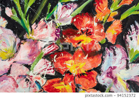 Adorable painting flowers, new creative artwork. Hand drawn oil painting. Abstract art background. Oil painting on canvas. Color texture. Fragment of artwork. Spots of paint. Adorable painting flowers, new creative artwork. Hand drawn oil painting. Abstract art background. Oil painting on canvas. Color texture. Fragment of artwork. Spots of paint. 94152372