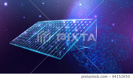 Solar battery, solar panel. Renewable alternative energy concept with glowing low poly panel on dark blue background. Wireframe low poly design. Abstract futuristic vector illustration 94152650