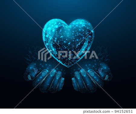 Two human hands are holds heart. Wireframe glowing low poly heart. Design on dark blue background. Abstract futuristic vector illustration. 94152651