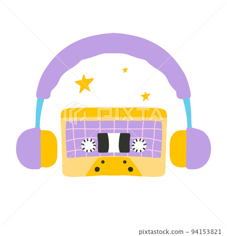Print in retro style. Cassette with headphones in the style of the 60s 70s. Vector illustration.Retro music. Print in retro style. Cassette with headphones in the style of the 60s 70s. Vector illustration.Retro music. 94153821