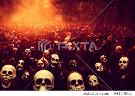 large crowd of zombies and skeletons on the street, neural network generated art 94154062