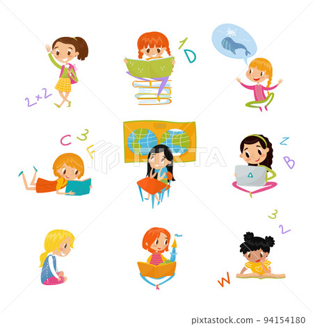 Cute School Girl Studying and Learning Having Subject Lesson Big Vector Set 94154180