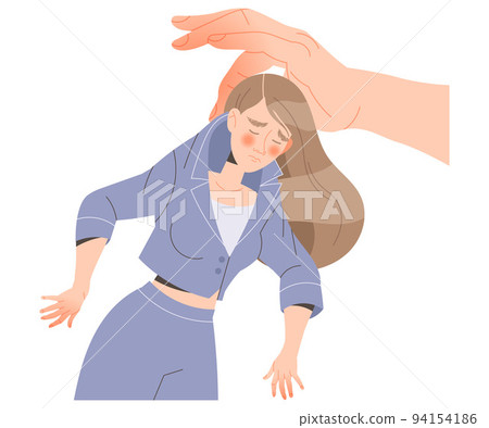Hand Holding Stressed Woman Character Feeling Sadness and Loneliness Vector Illustration 94154186