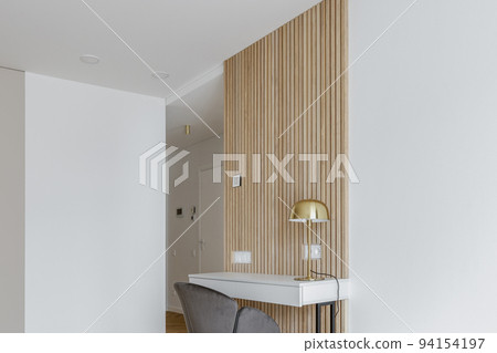 Modern minimalist interior design  with wooden furniture, oak floor in Scandinavian style.  Aesthetic simple interior design concept. 94154197