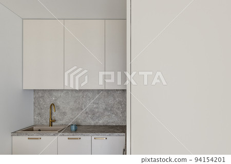 Modern minimalist kitchen interior design in Scandinavian style. Aesthetic simple interior design concept. Modern minimalist kitchen interior design in Scandinavian style. Aesthetic simple interior design concept. 94154201