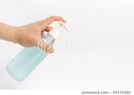 Asian mand hand holds a gel alcohol pump bottle and ready to pushes on it. It's an isolated object on the white clear screen in studio light. Asian mand hand holds a gel alcohol pump bottle and ready to pushes on it. It's an isolated object on the white clear screen in studio light. 94155992