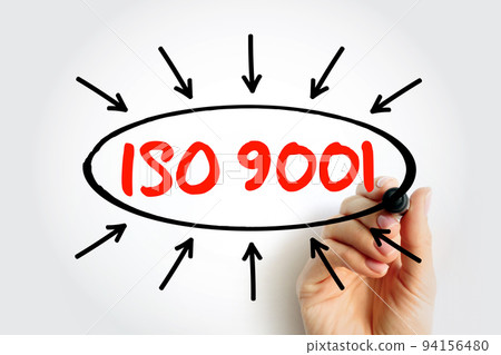 ISO 9001 - international standard that specifies requirements for a quality management system, text concept with arrows 94156480