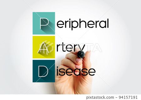 PAD Peripheral Artery Disease - circulatory problem in which narrowed arteries reduce blood flow to your limbs, acronym text with marker PAD Peripheral Artery Disease - circulatory problem in which narrowed arteries reduce blood flow to your limbs, acronym text with marker 94157191