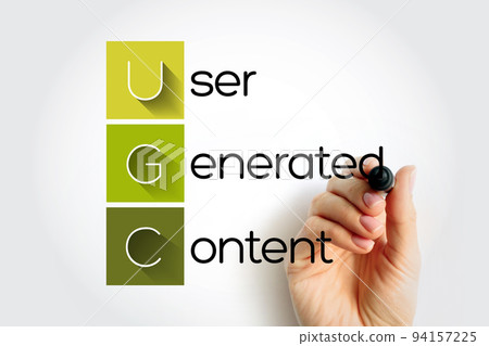 UGC User Generated Content - specific content created by customers and published on social media or other channels, acronym text with marker 94157225